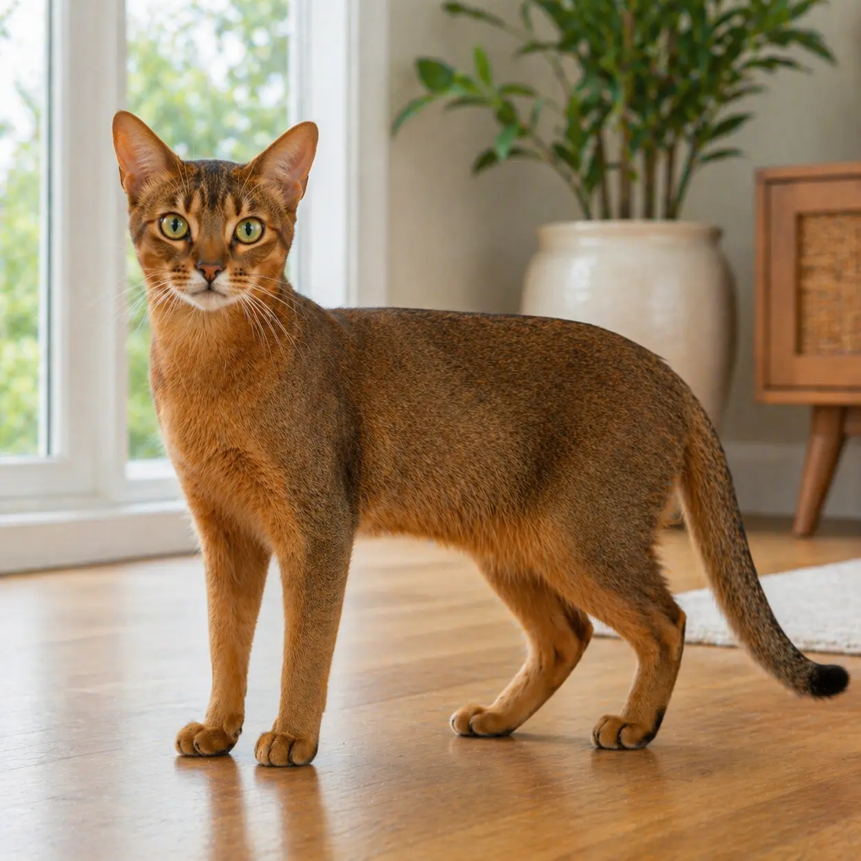 Abyssinian cat with semi-foreign athletic build and ticked coat
