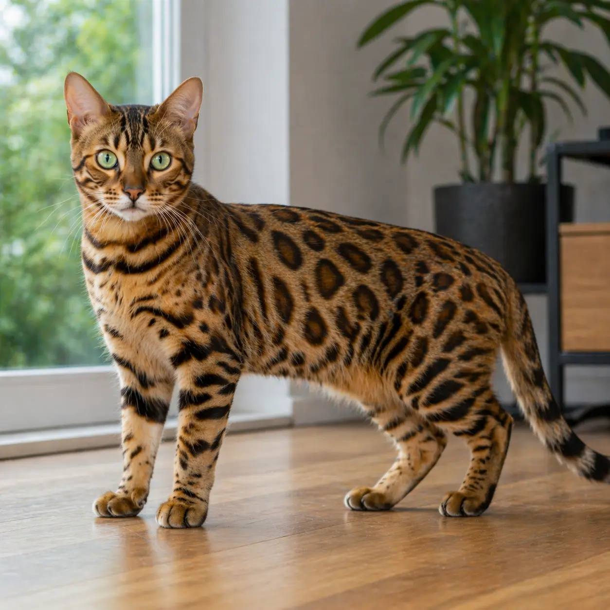 Bengal cat with leopard-like rosette spotted coat pattern