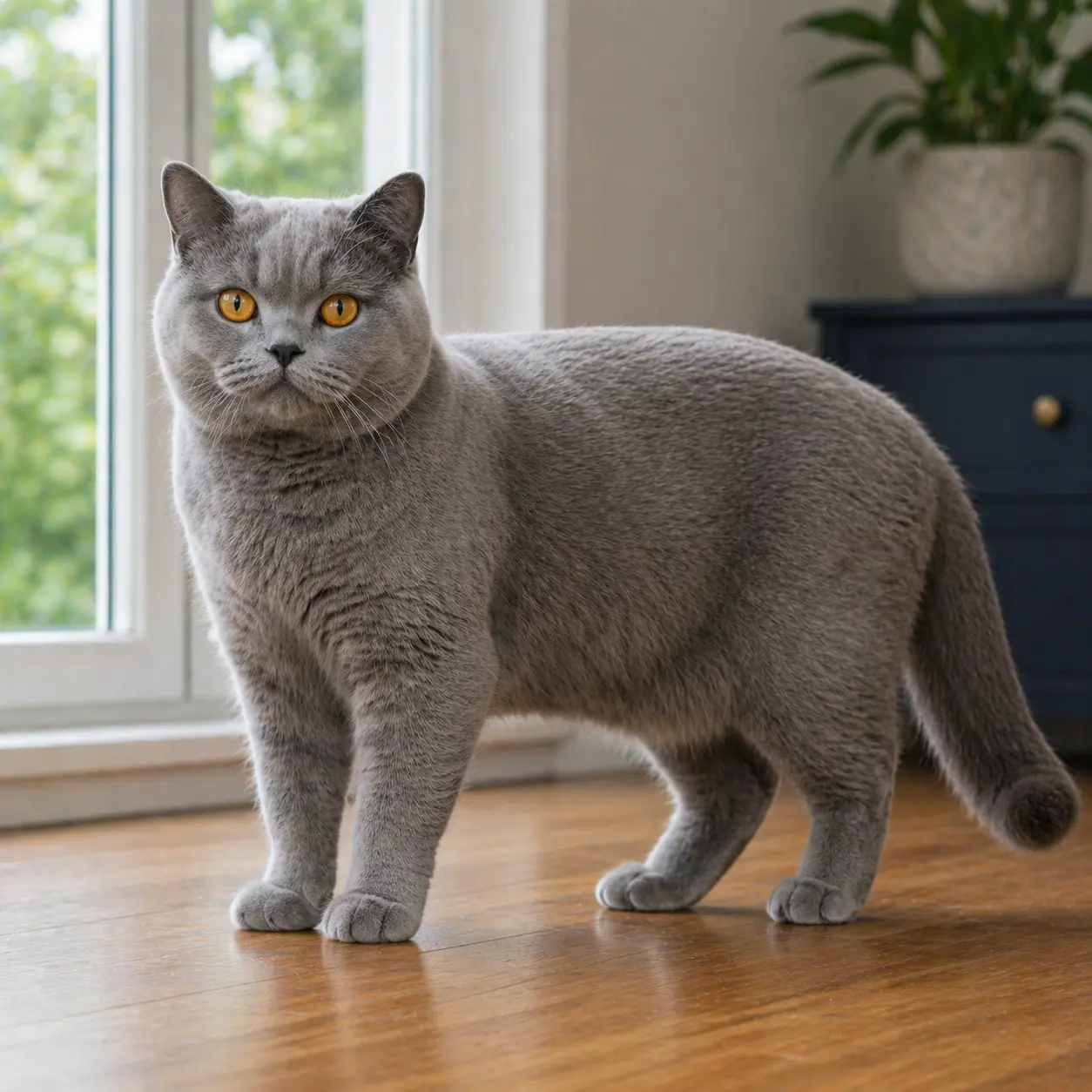 British Shorthair cat with cobby compact body and plush round face