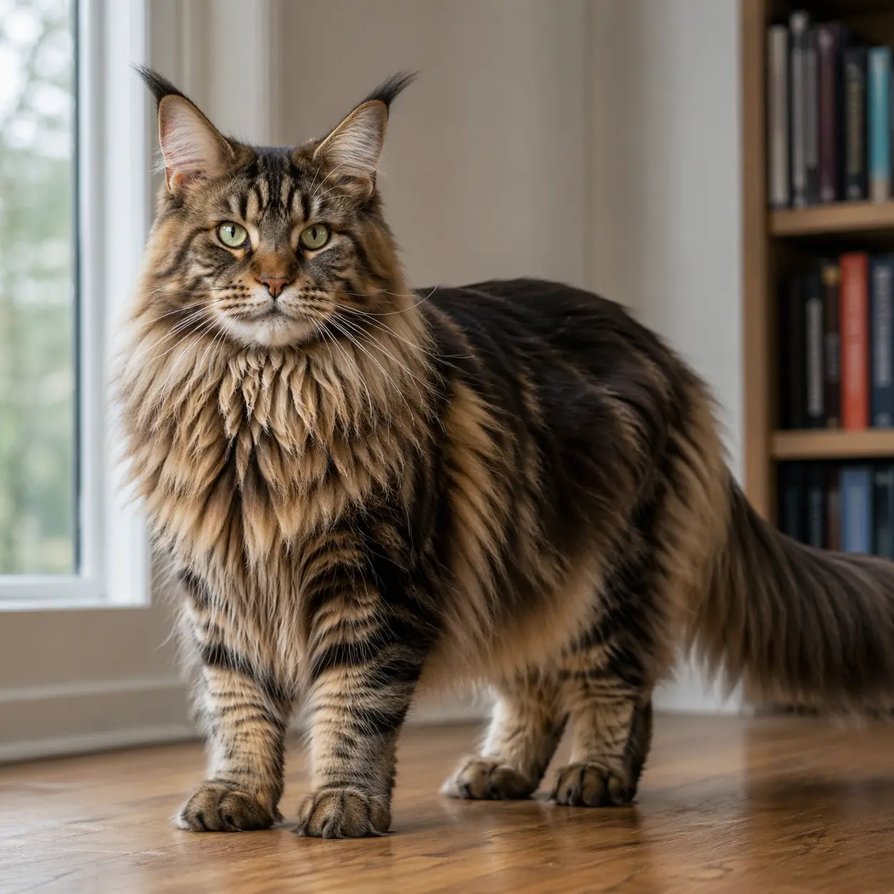 Maine Coon cat with large rectangular body and tufted lynx-tip ears