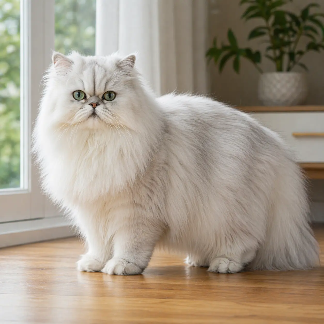 Persian cat with brachycephalic flat face and dense long white coat