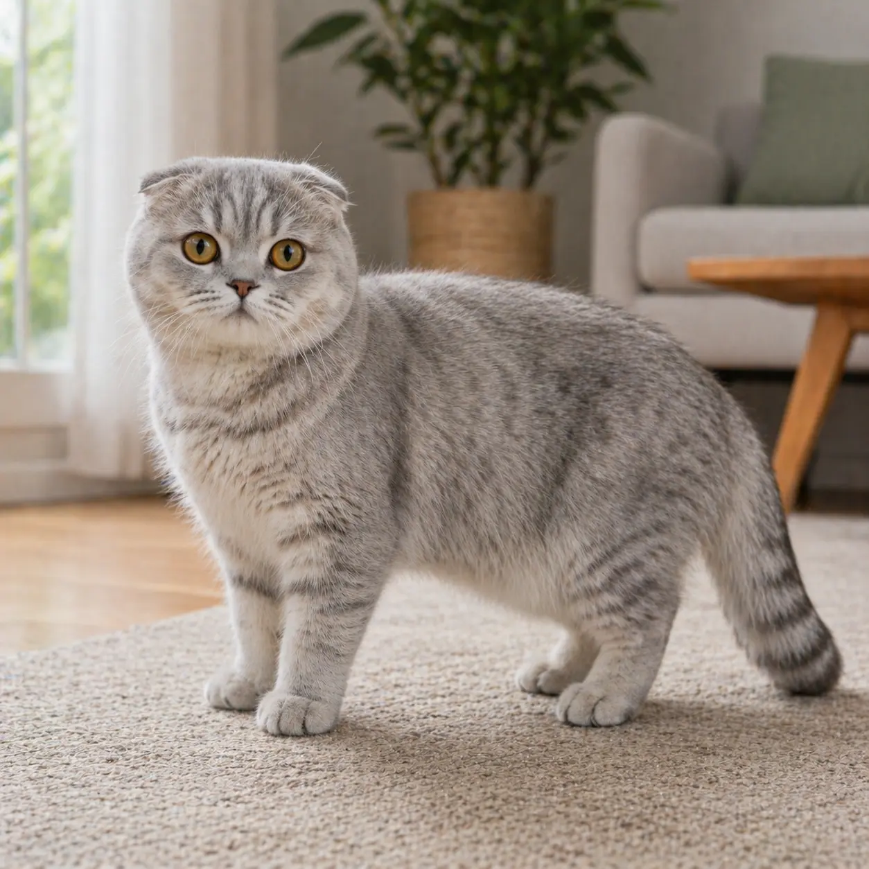 Scottish Fold cat with round folded ears and large round eyes