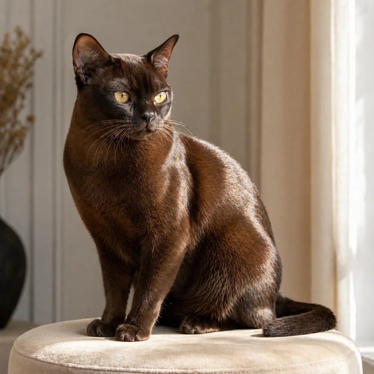Burmese cat showing the characteristic vivid warm gold eyes, front-facing close-up portrait with both eyes fully visible