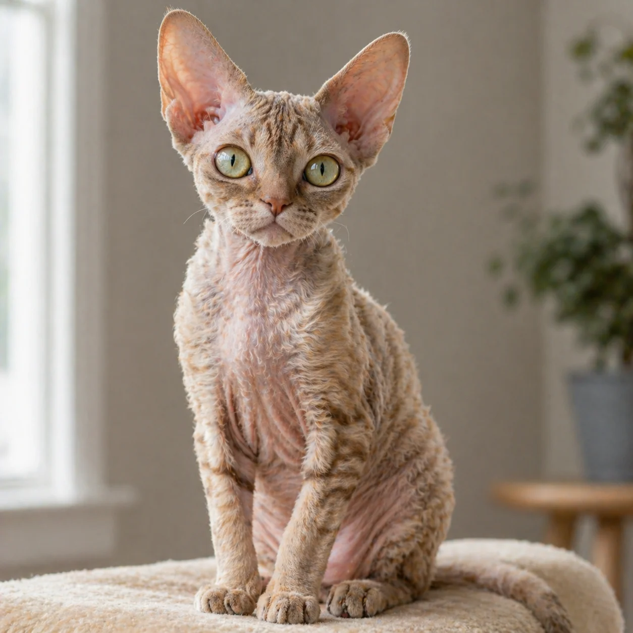 Devon Rex cat showing the characteristic thin rippled sparse coat that produces less surface area for allergen accumulation, seated front-facing portrait