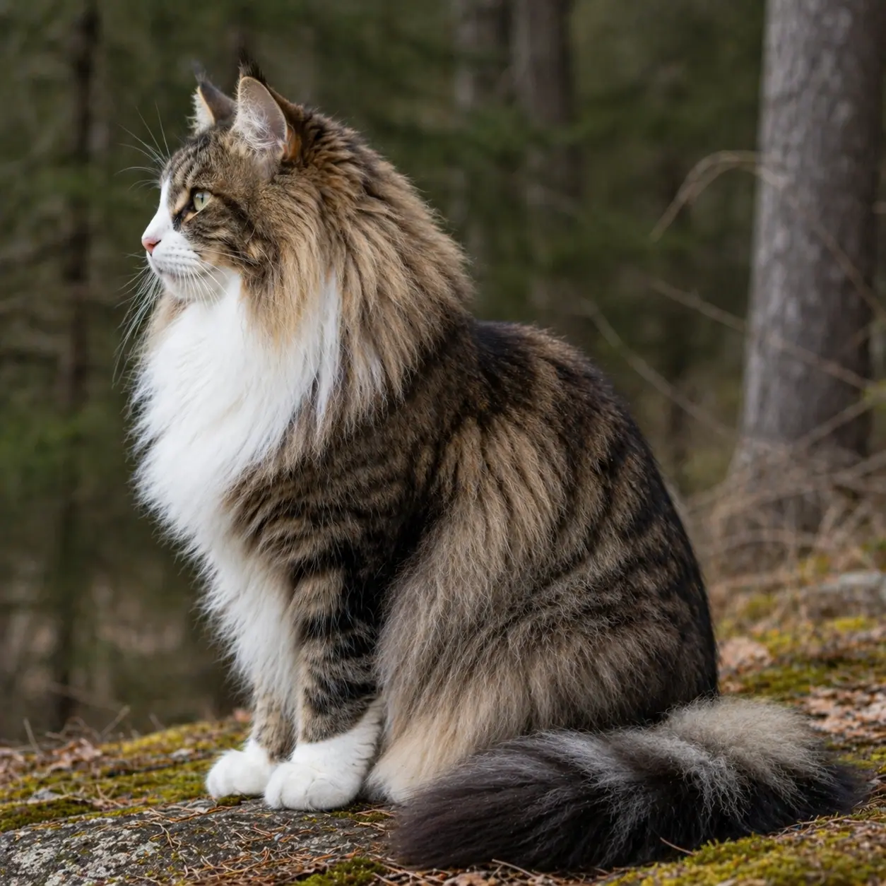 Norwegian Forest Cat showing the triangular skull, straight nose profile, and softer muzzle that contrasts with the Maine Coon's rectangular skull and square muzzle, seated three-quarter view