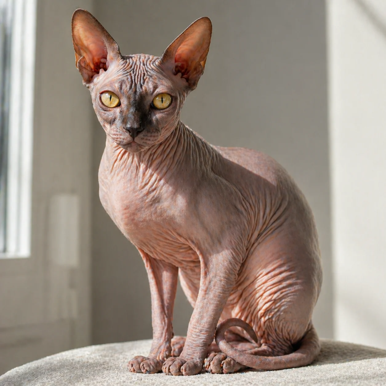 Sphynx cat showing dramatically large wide-based ears angled outward on a hairless face, front-facing close-up portrait