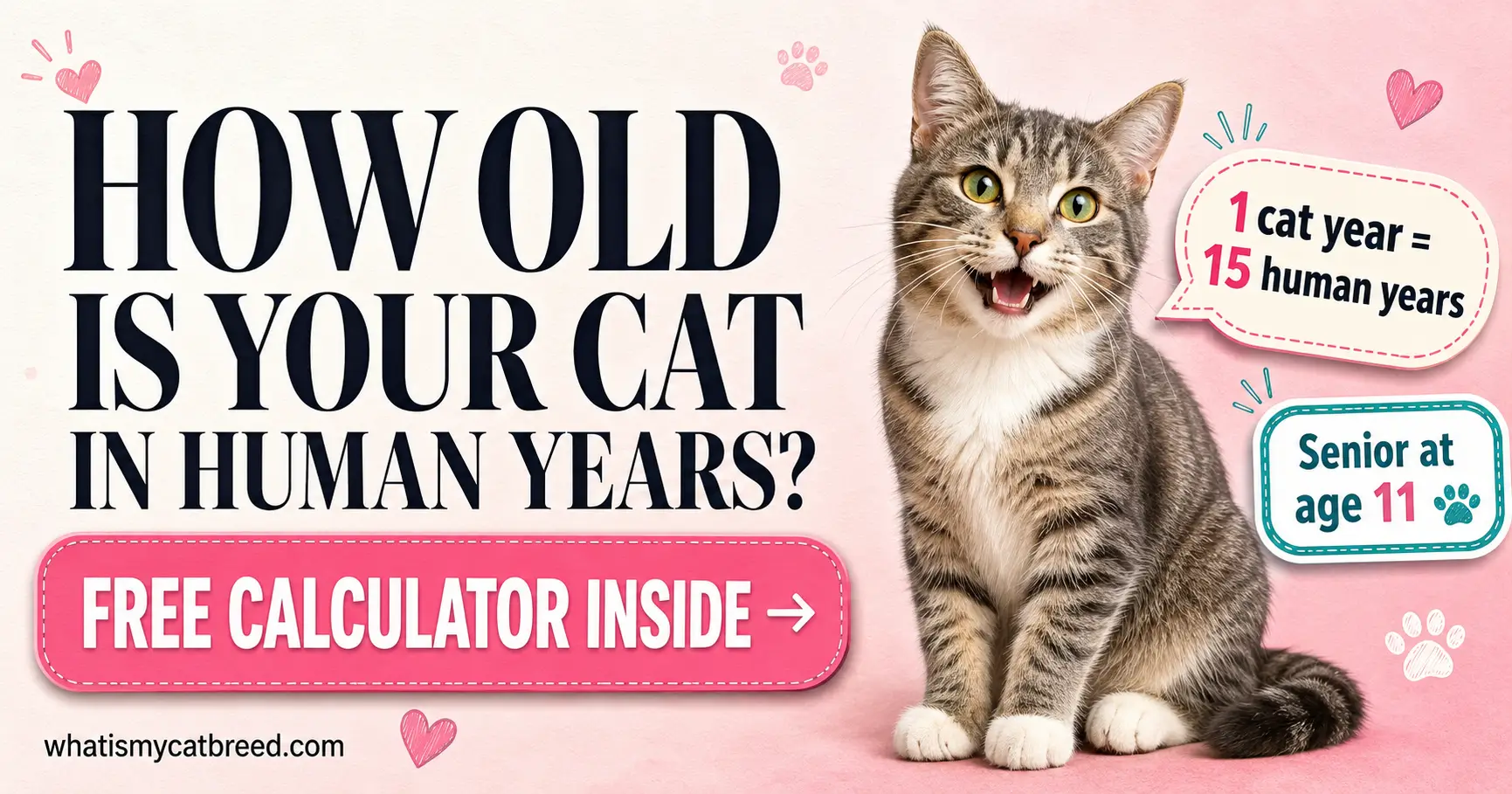 Cat age calculator showing the conversion of cat years to human years across kitten, junior, adult, mature, senior, and geriatric life stages