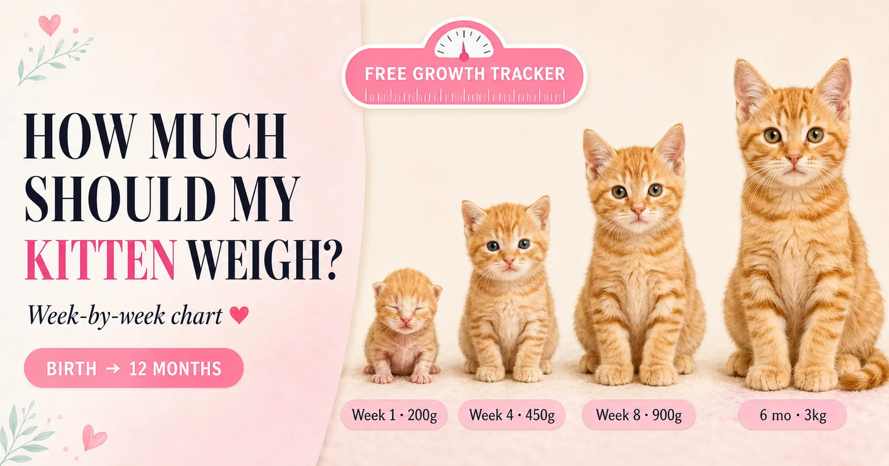 Kitten weight growth chart illustration showing developmental stages from newborn to 12 months